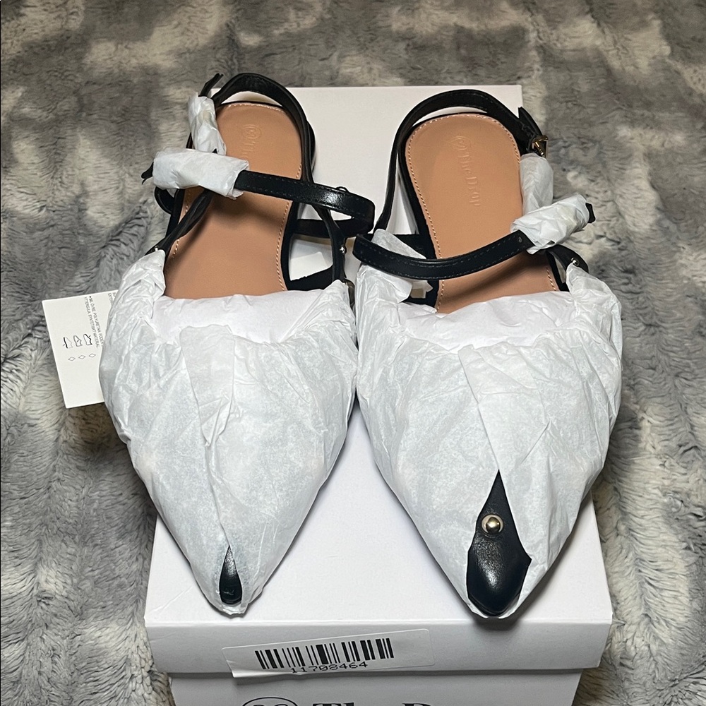 The Drop Tammie Pointed Toe Black Studded Slingback Flats - Picture 2 of 11